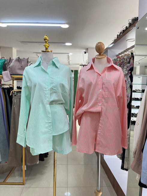 Casual Collar Down Stripes Shirts With Short Sets